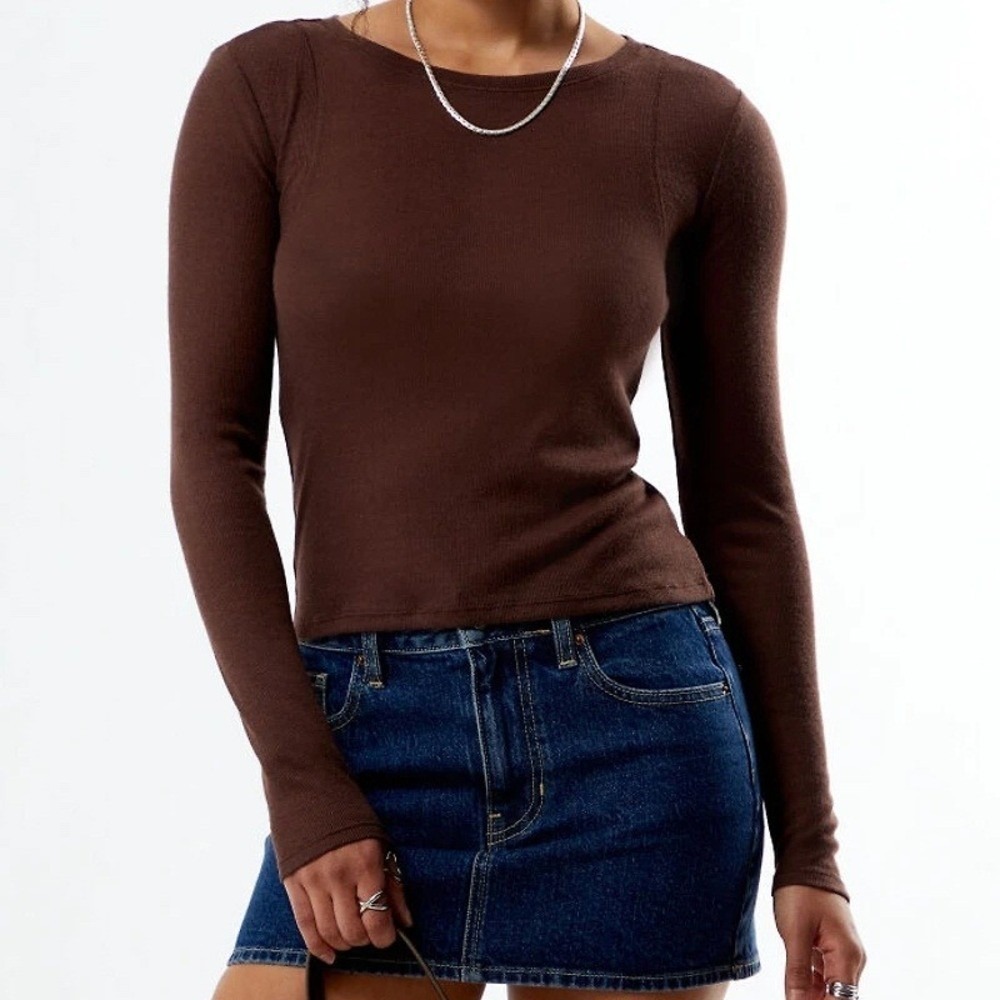 PacSun Y2K Clean Girl Basic Layering Long Sleeve‎ Top Women S Brown EST.PAC 1980